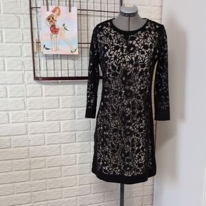 Magaschoni Black Floral Lace Knit Long Sleeve Sweater Dress Small